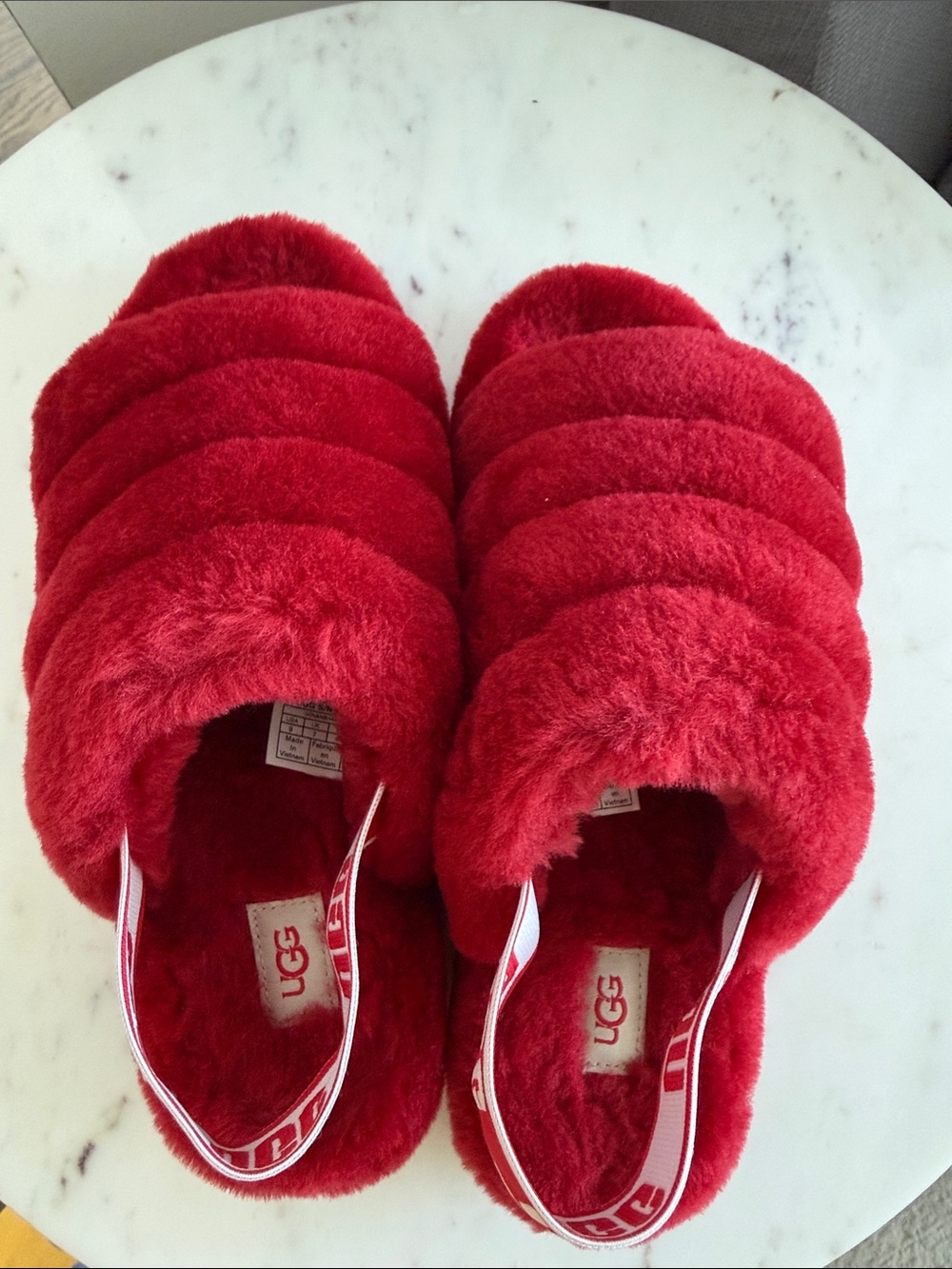 UGG Red Plush Shearling Slide with Branded Heel Strap Size 9 - Picture 4 of 7